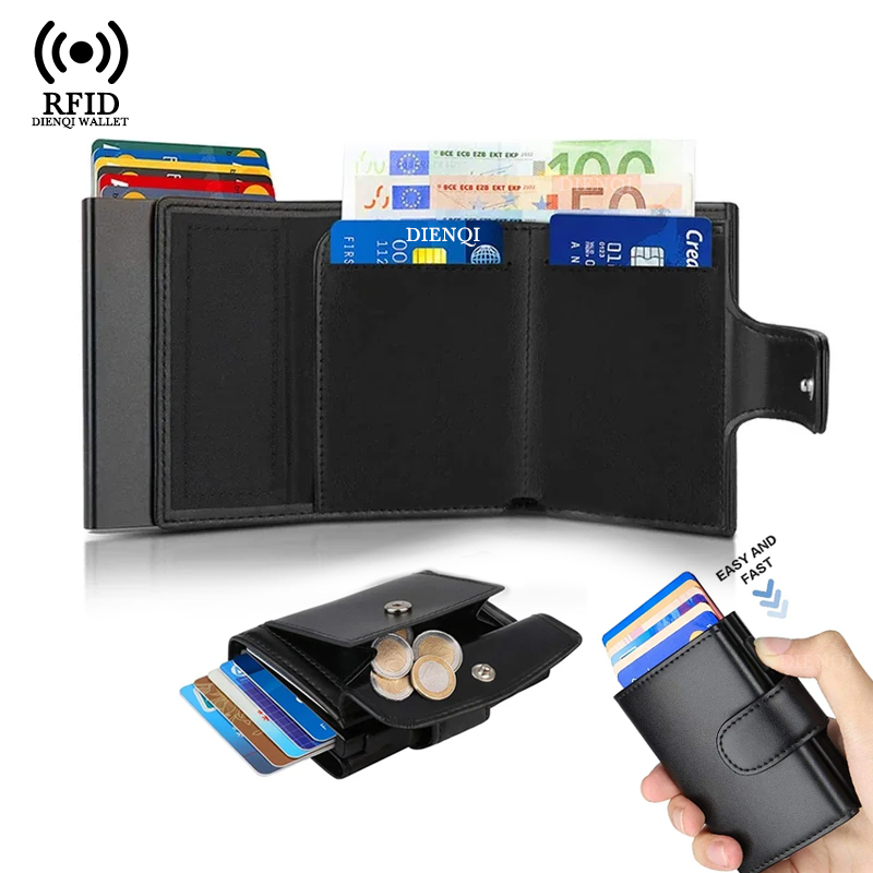 Coin Holder Men - メタル名刺入れ RFIDクレジットカードホルダー ブラック三つ折り財布 ハスプ付き 小銭入れ メンズ財布