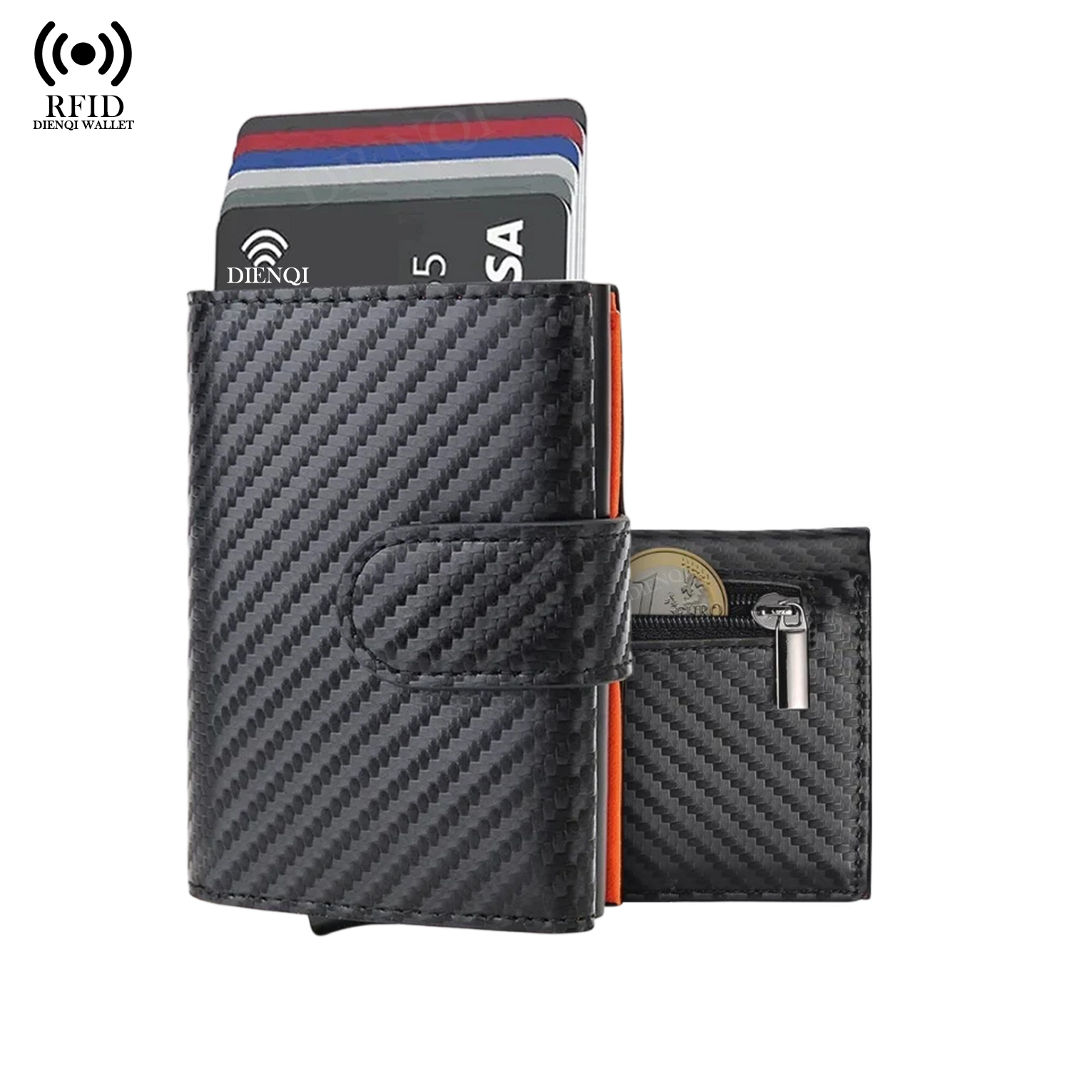 Coin Holder Men - マイクロファイバーレザー名刺入れ RFIDカーボンカードホルダー財布 ポップアップアルミケース コインパース 三つ折り財布 メンズ