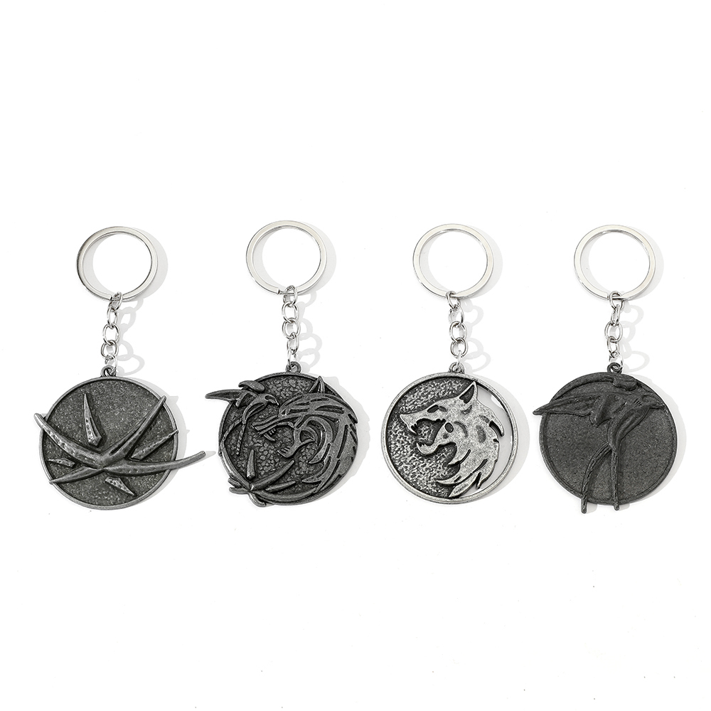 Men Accessories Pendant - ヴィンテージウルフヘッドキーホルダーゲームゲラルト・オブ・リヴィアメダリオンウルフメタルペンダントキーリング男性用カーアクセサリーギフト