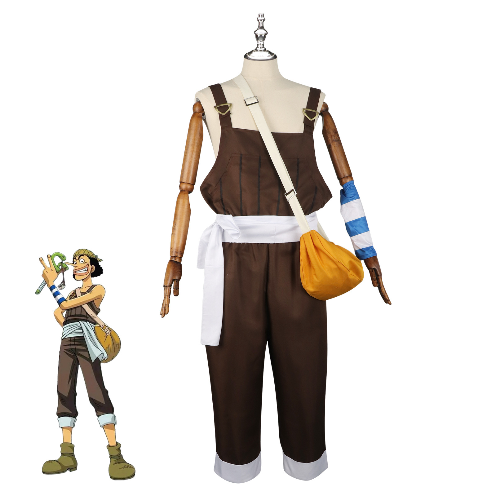 Men Accessories Korea - アニメ UUsopp コスプレ衣装ブラウンロンパース制服 Tシャツスカーフフルセット成人男性カーニバルハロウィンスーツ 5 個アクセサリー