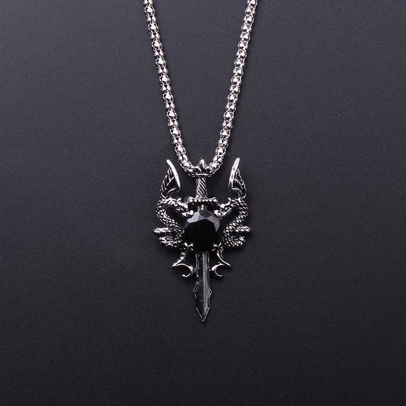 Men Accessories Pendant - ダブルドラゴンブラックジェムクロスネックレスパンクパーソナライズされたペンダントジュエリーアクセサリー女性男性用トレンディなギフト