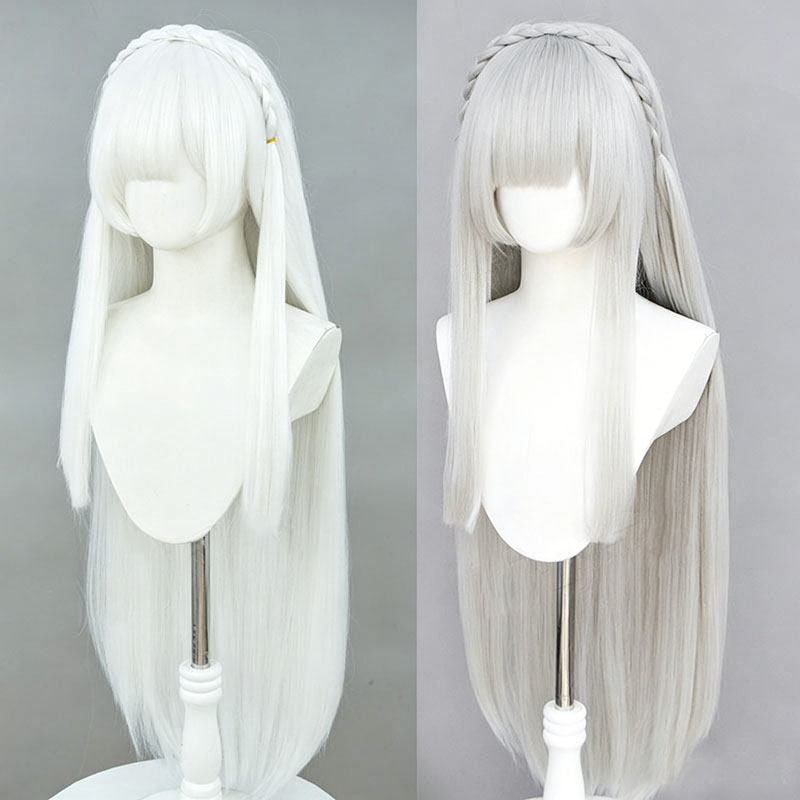 アニメ再:ゼロエミリアコスプレウィッグシルバーホワイトロング - Men Accessories In Silver のレビューと価格