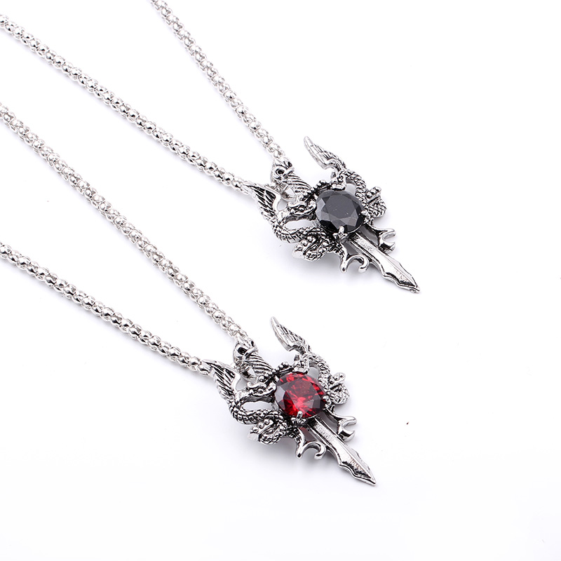 ダブルドラゴンブラックジェムクロスネックレスパンクパーソナラ - Men Accessories Pendant のレビューと価格