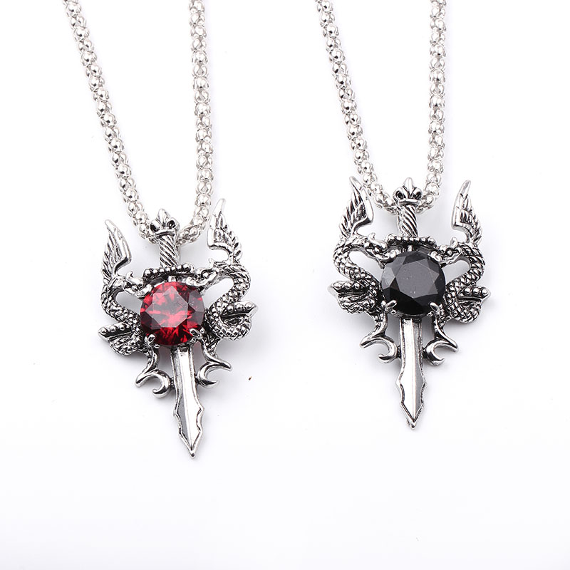 ダブルドラゴンブラックジェムクロスネックレスパンクパーソナラ - Men Accessories Pendant のレビューと価格